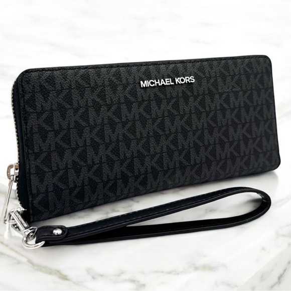 Michael Kors Large Continental Wallet Wristlet Black Signature - Picture 1 of 8